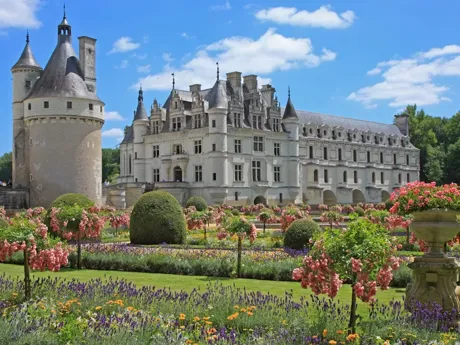 The flowered gardens and Chateau De Chenonceau in France