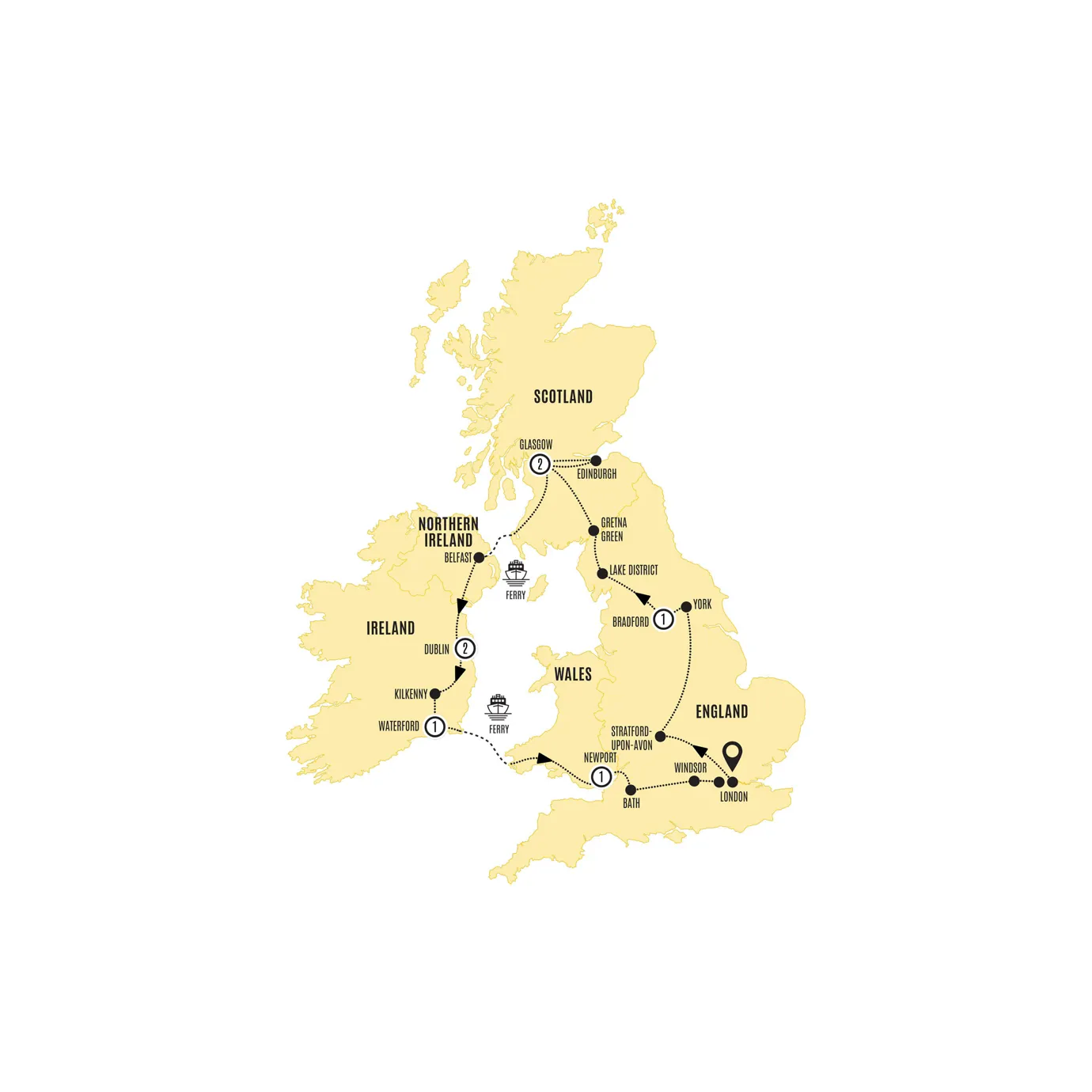 Britain Ireland Delight Guided Tour Map 2025
