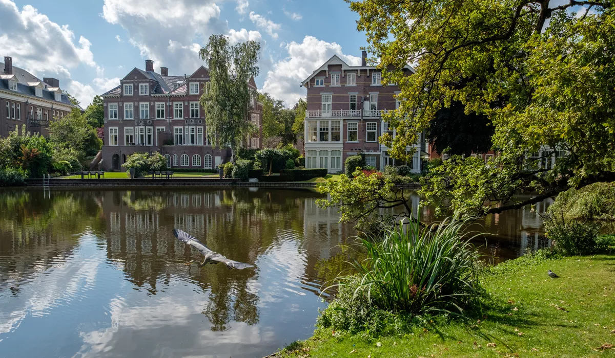A lake surrounded by tall buildings in Vondel Park Holland Amsterdam