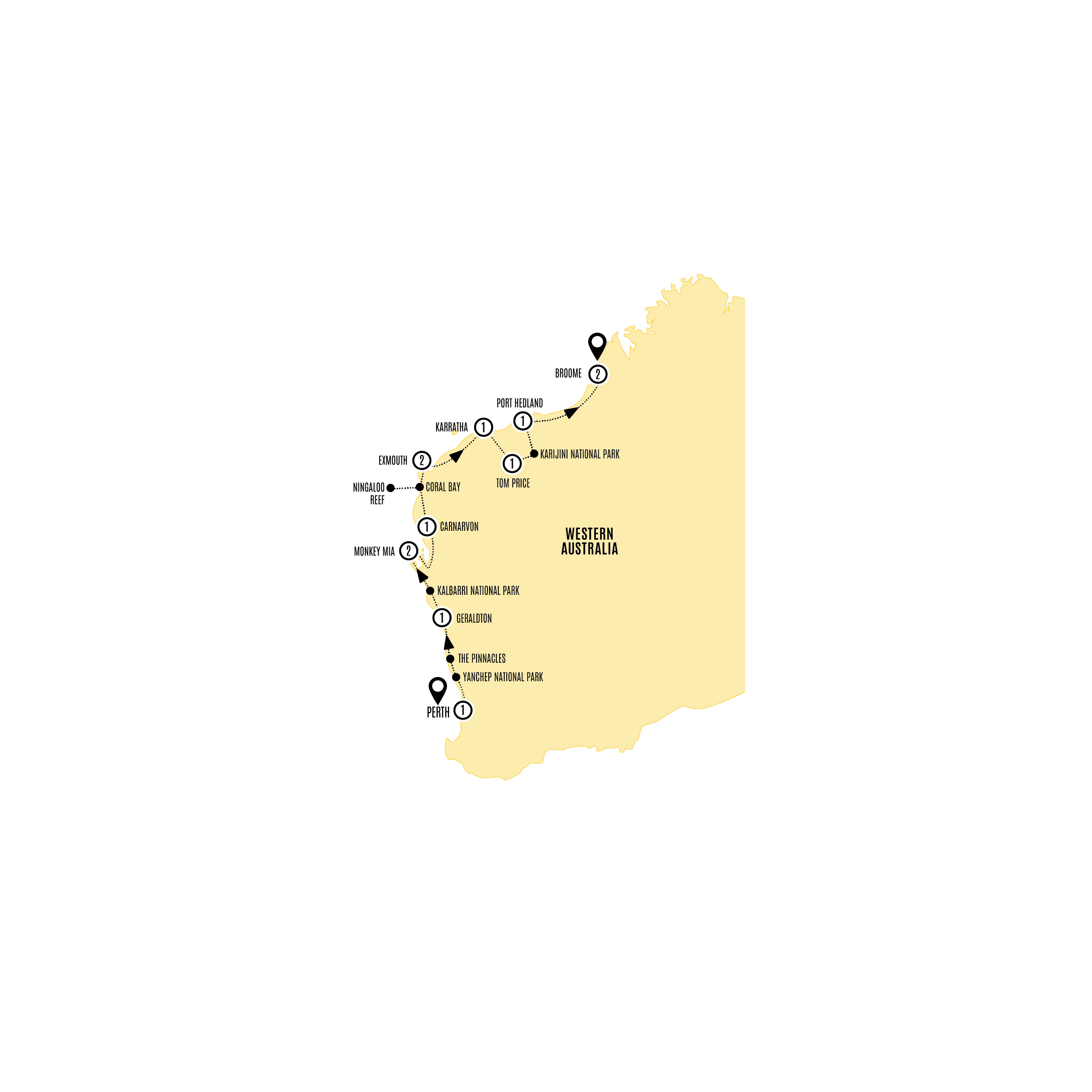 Wonders of the Pilbara and West Coast Guided Tour Map 2026-27-28