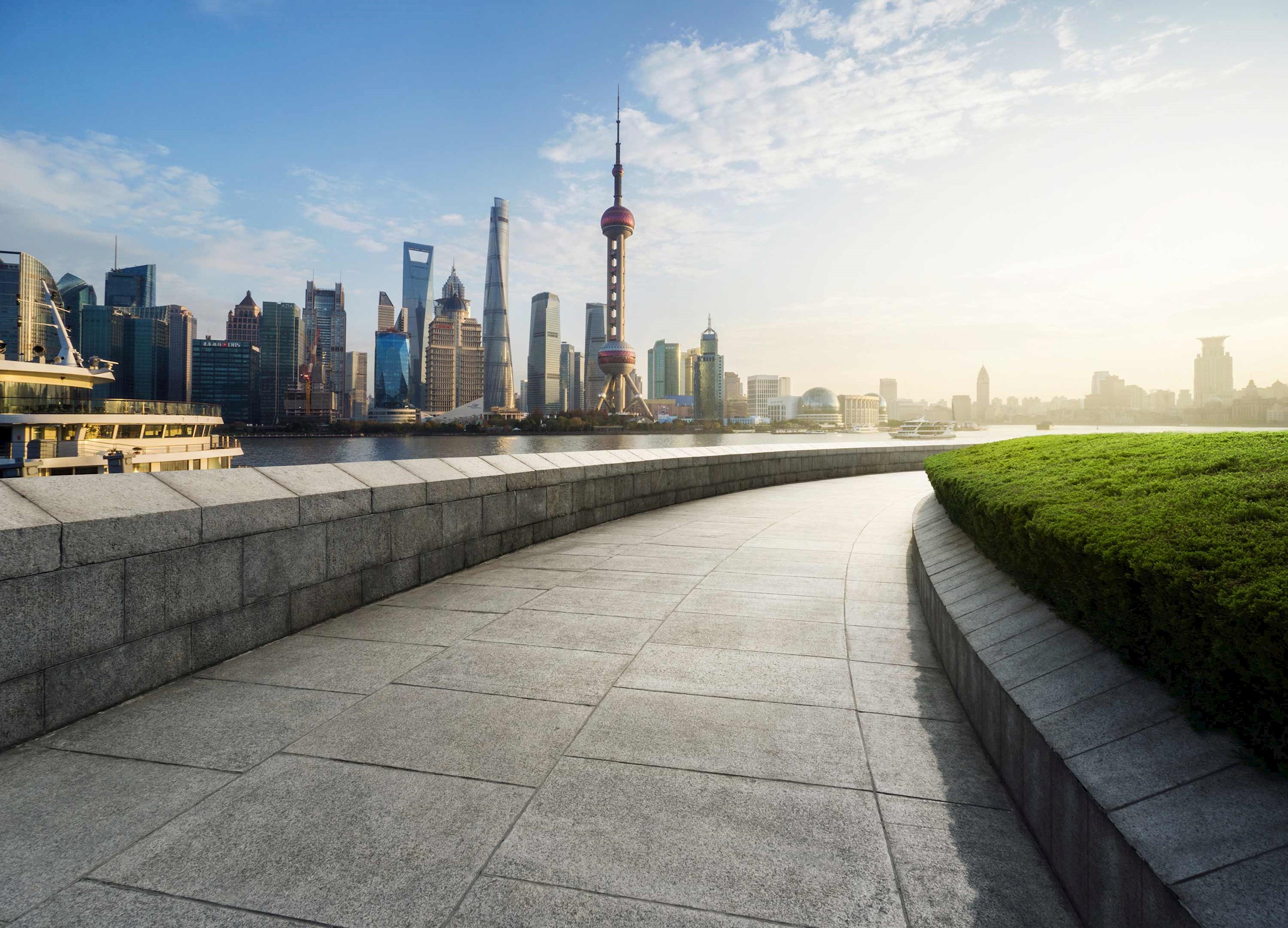 Shanghai skyline with Oriental Pearl Tower viewed from The Bund promenade