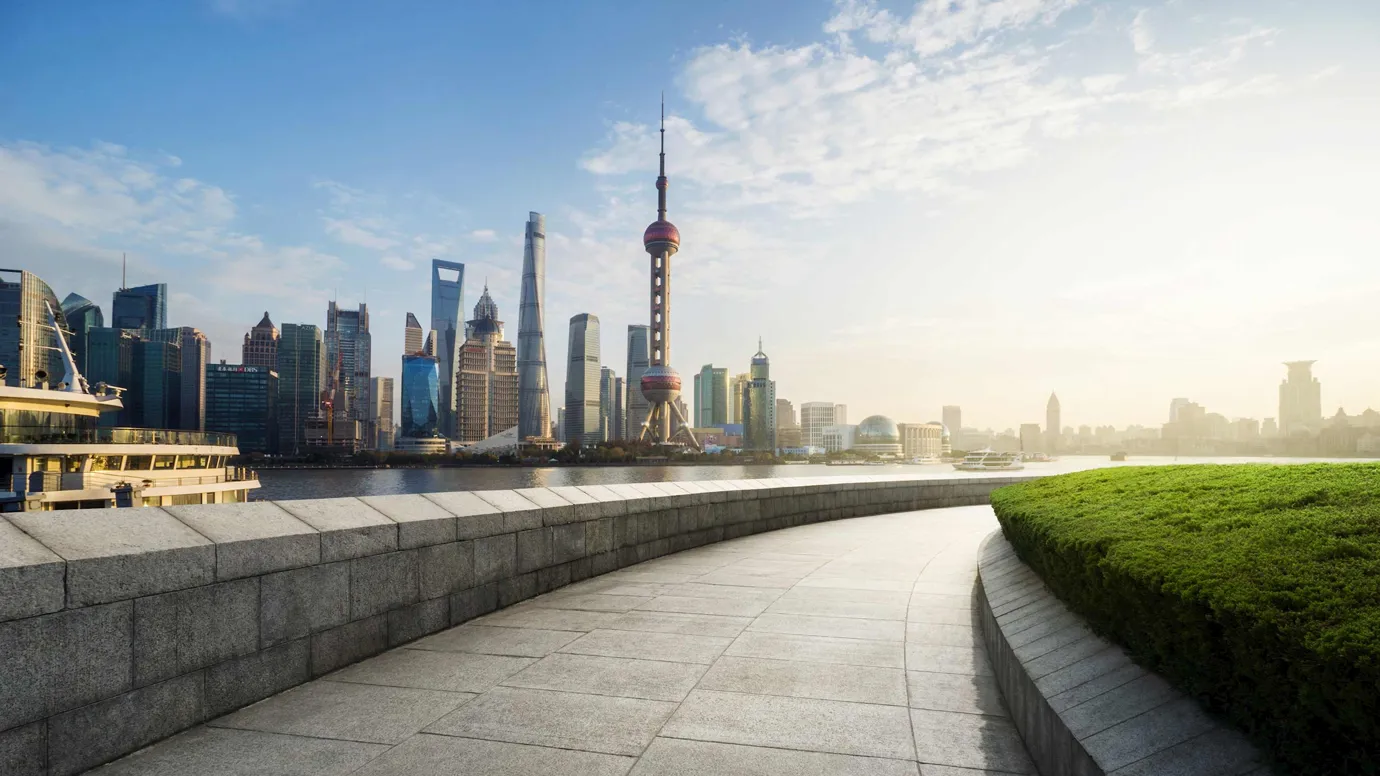 Shanghai skyline with Oriental Pearl Tower viewed from The Bund promenade