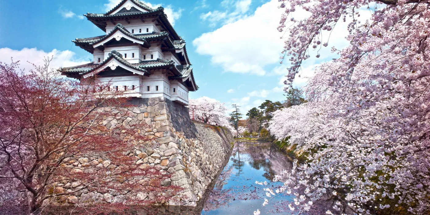 Kurama Dera Temple in Japan surrounded by blooming sakura trees