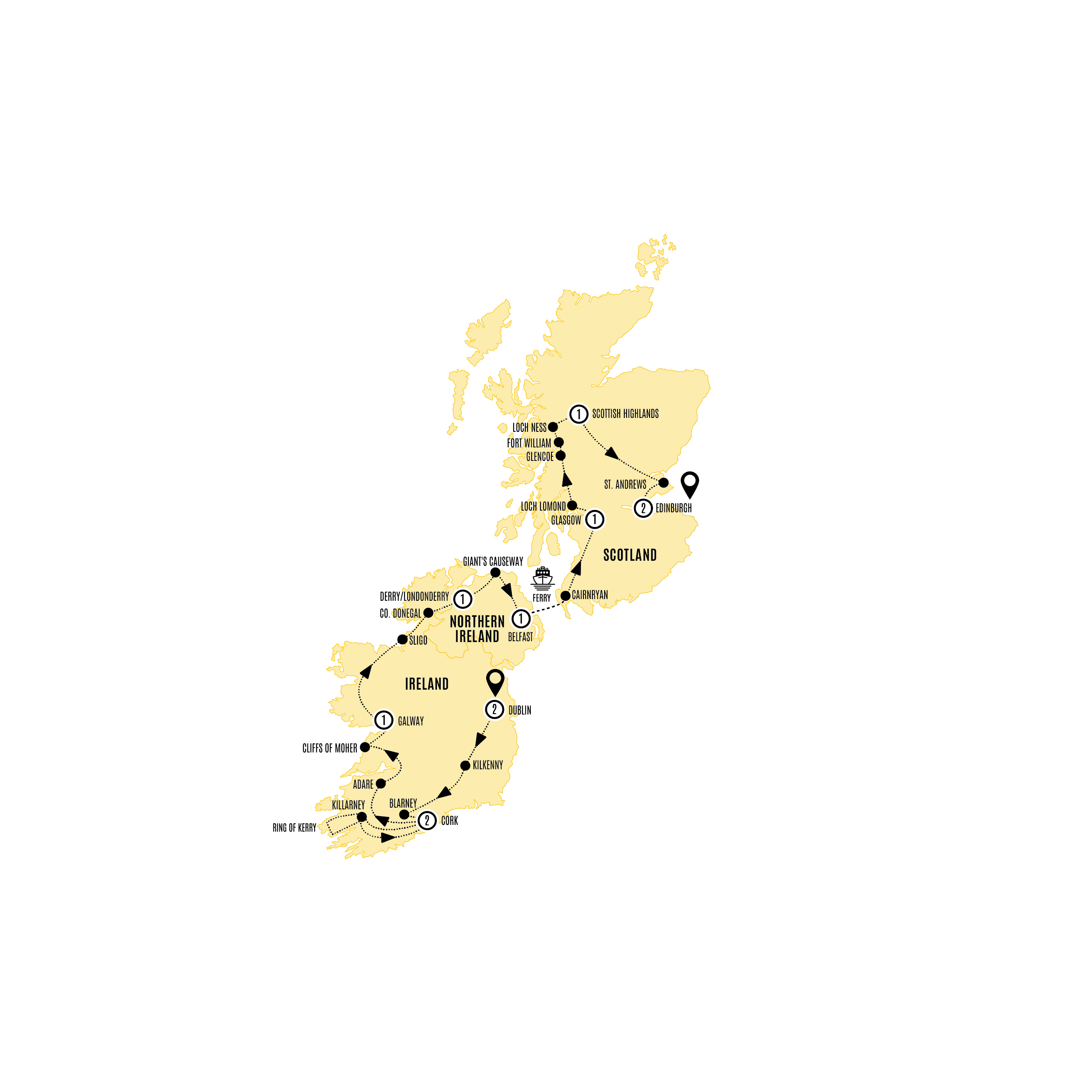 Celtic Highlights of Ireland and Scotland Guided Tour Map 2027