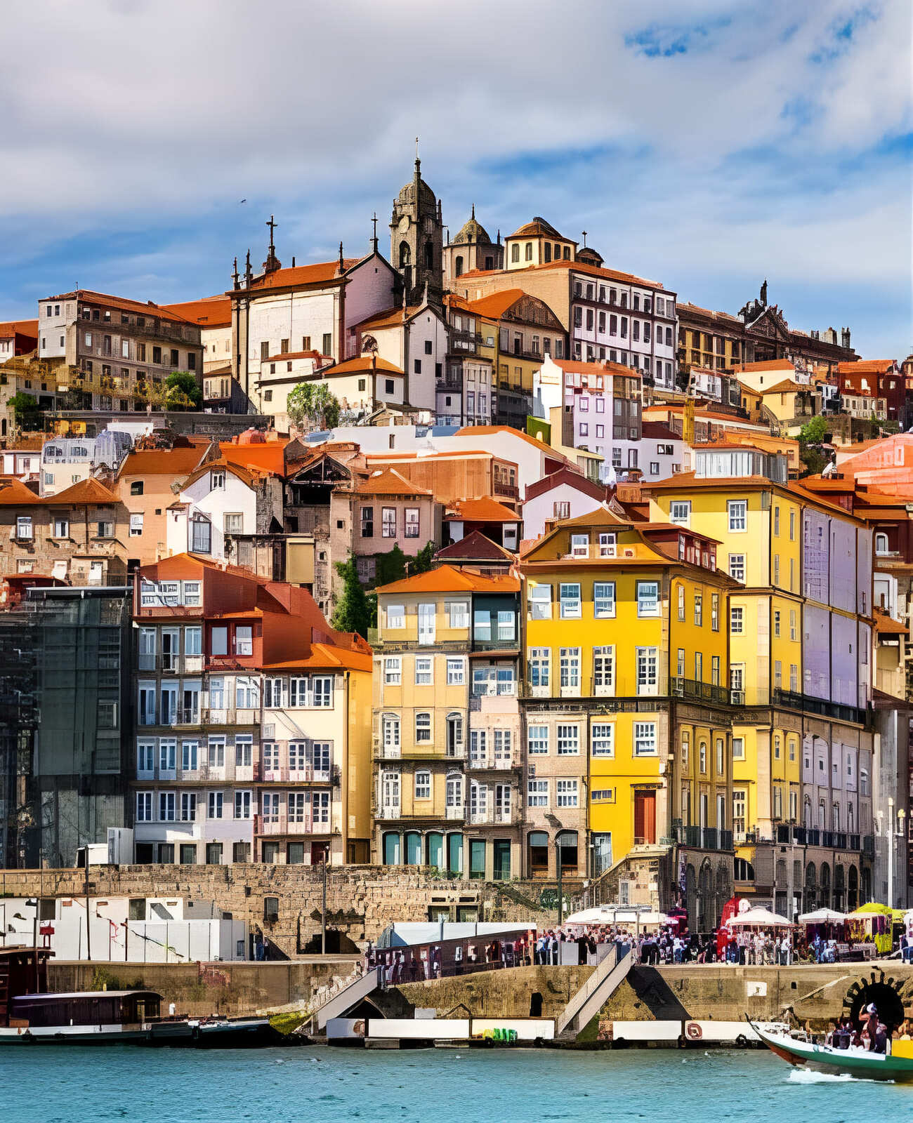 Colourful buildings next to water in summer in Porto, Portugal