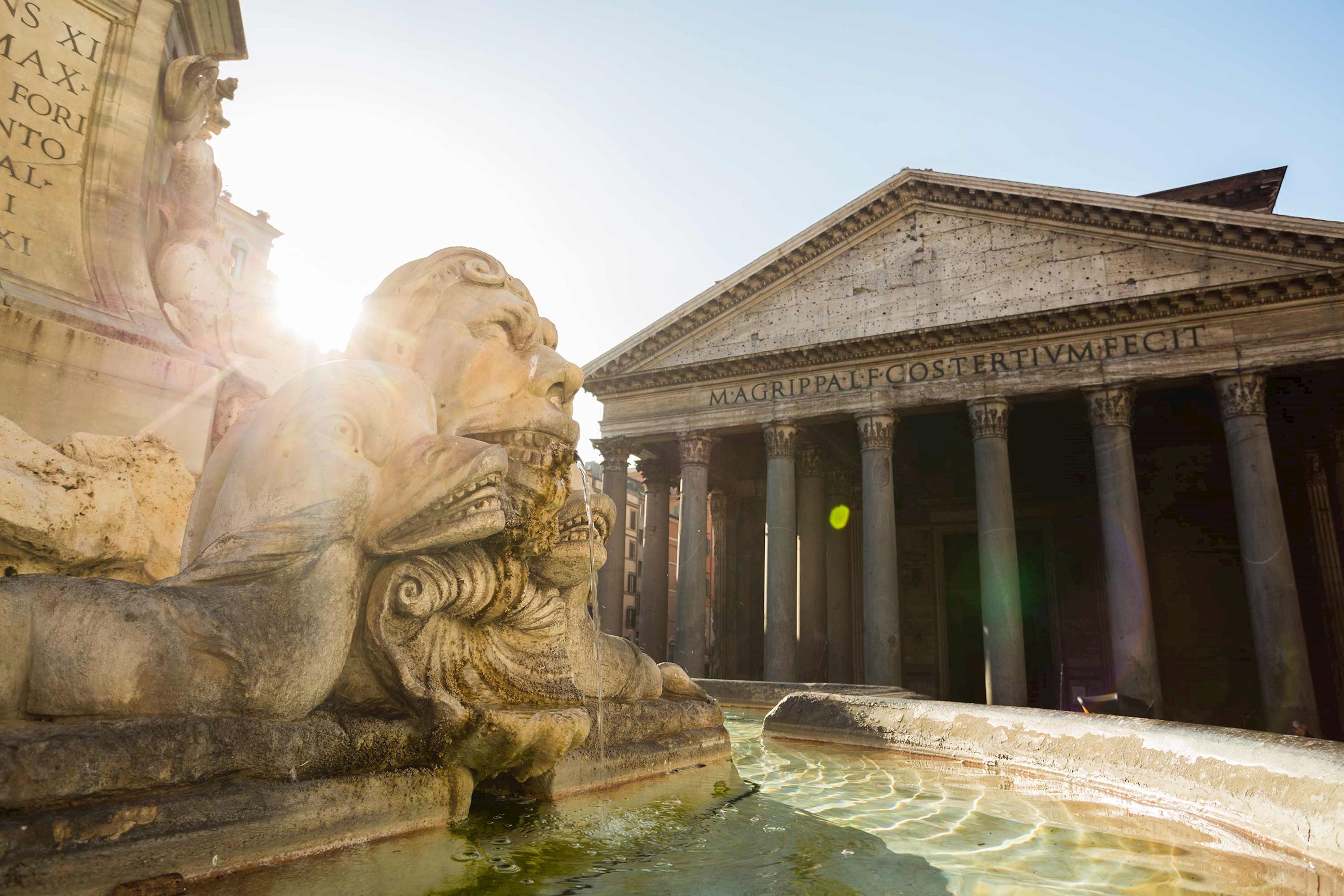 Close view of the Pantheon and fountain sculpture in Rome, Italy