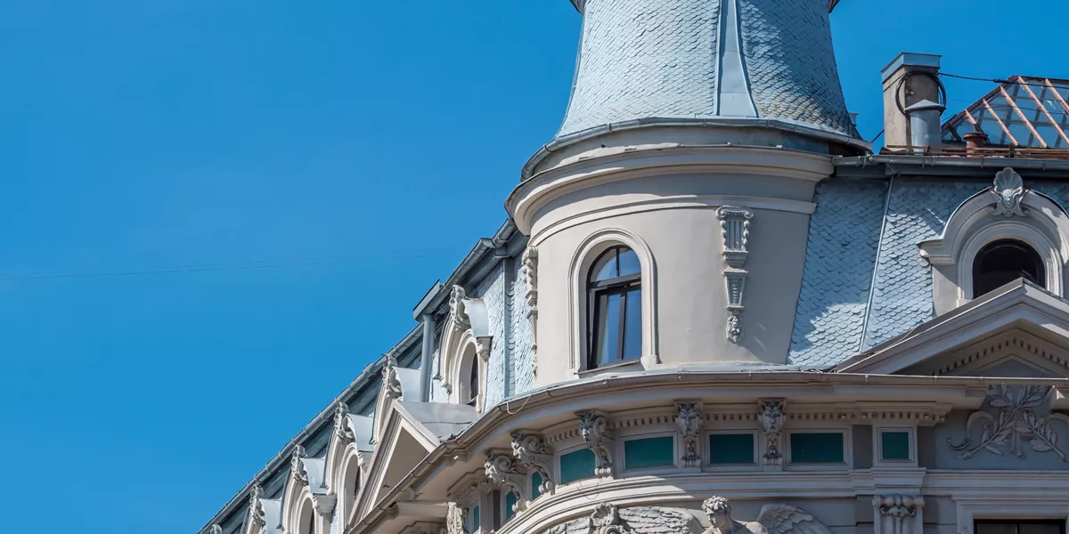 Latvia Art Nouveau Buildings with white walls, windows and blue roof