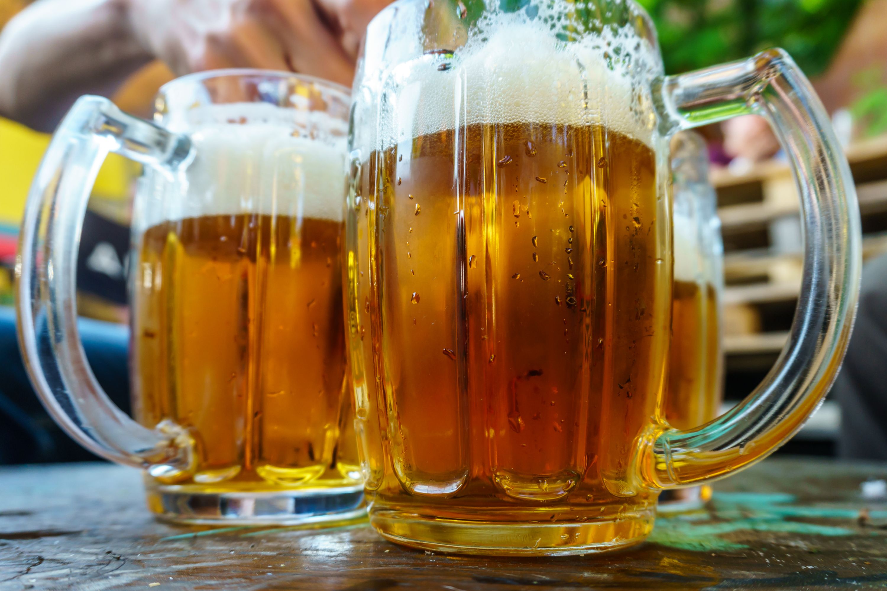 Three big glasses of golden-coloured Czech beer.