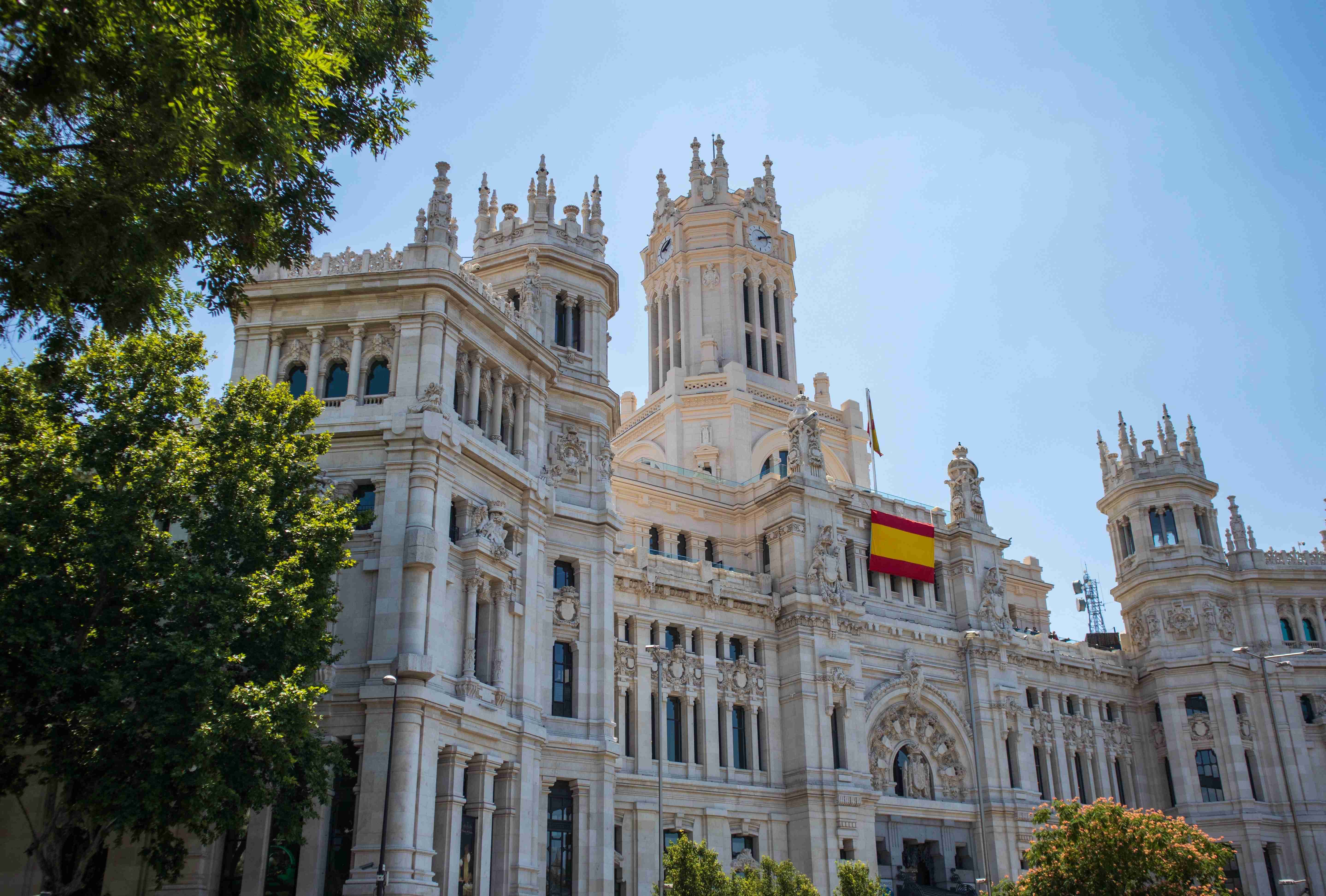 Palacio De Cibeles, with Spain flag, in Madrid