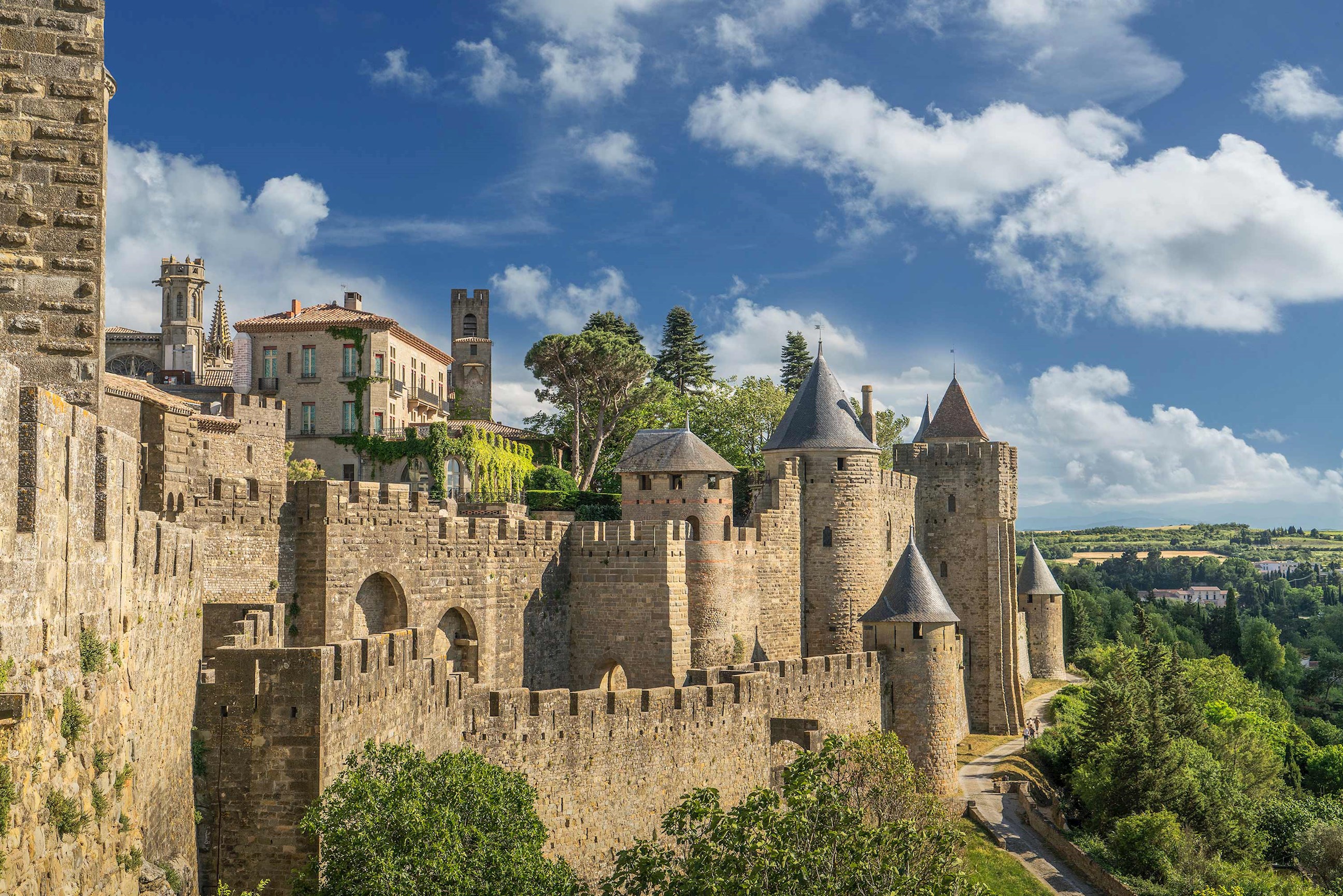 Panoramic view of a medieval stone castle in Carcassonne, France