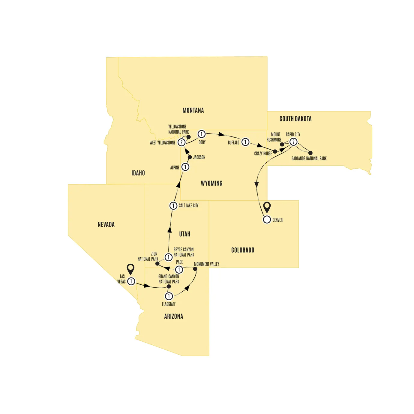 Spectacular Canyons National Parks Las Vegas Denver Guided Tour Map 2026