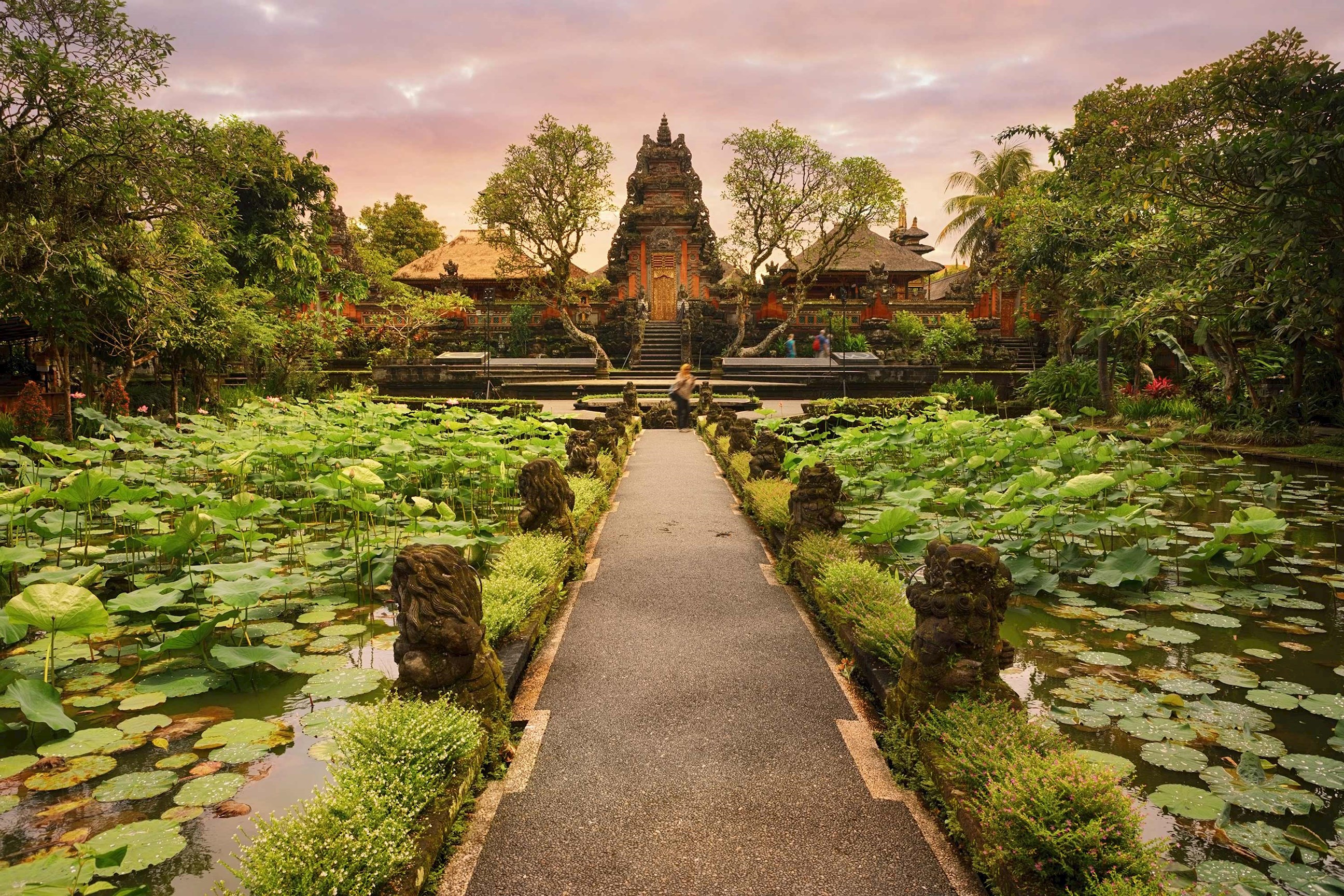 Pathway through lotus pond leading to Saraswati Temple in Ubud, Indonesia