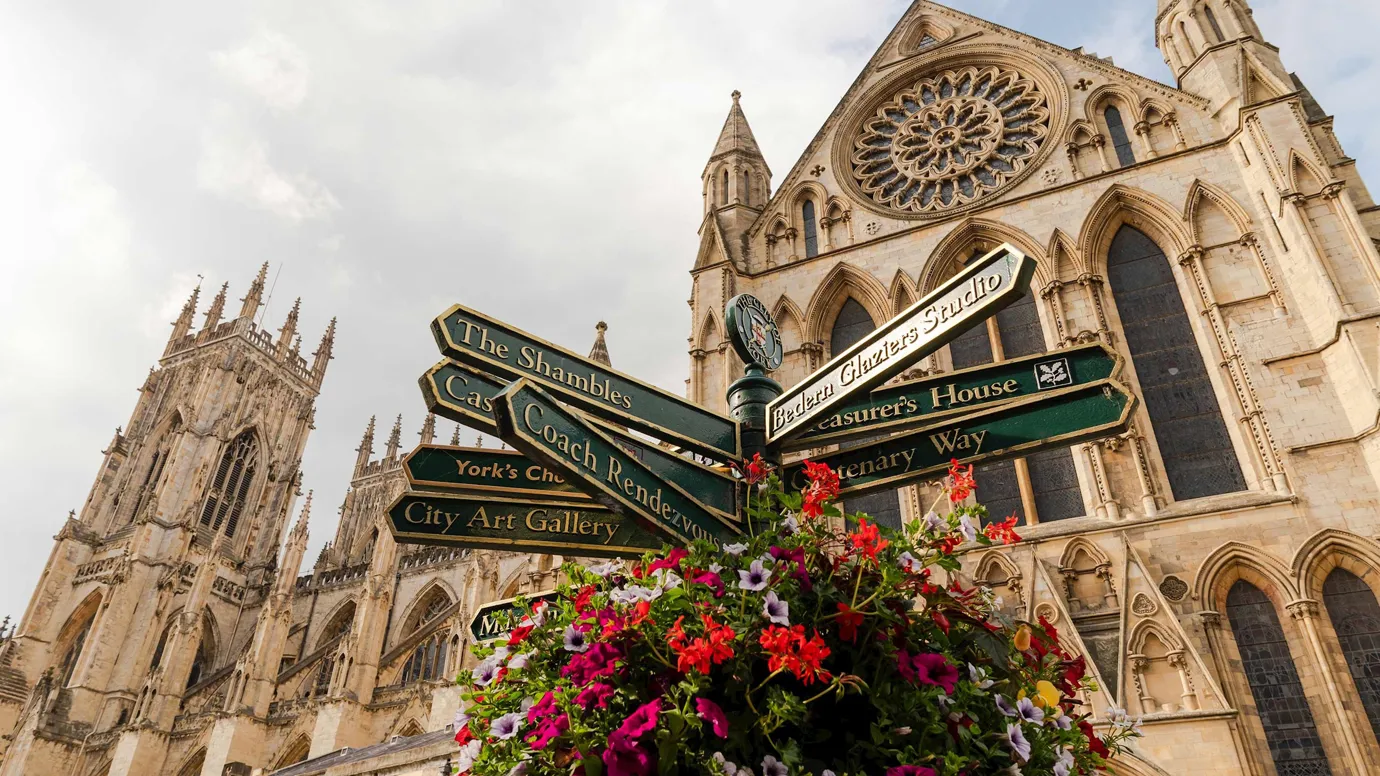 A close view of a cathedral and flowers in Alnwick York, England