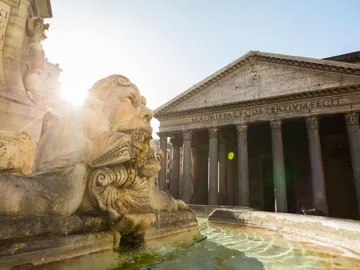 Close view of the Pantheon and fountain sculpture in Rome, Italy