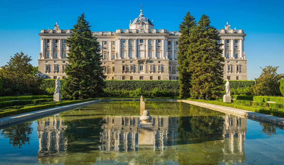 Royal Palace of Madrid with a fountain in front, Sabatini Gardens, Spain Madrid
