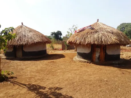 Two traditional circular houses with straw roofs in Tsavo West National Park in Kenya.