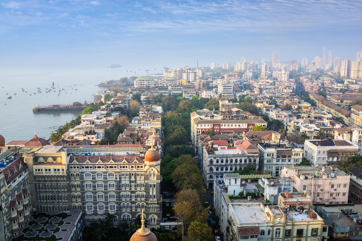 Aerial view of Mumbai with Taj Mahal Palace Hotel and Arabian Sea coastline