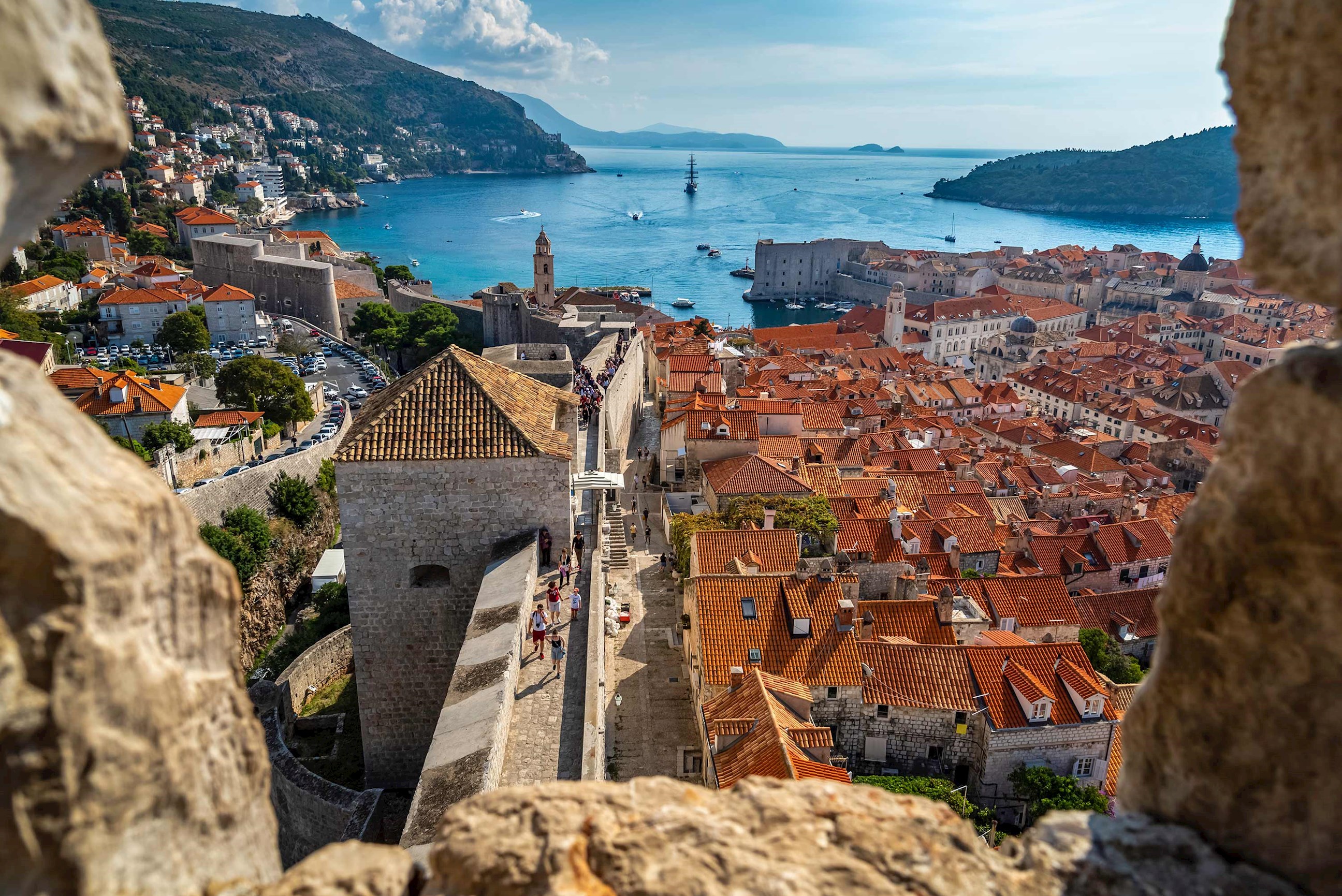 A landscape view of old town and a port in Dubrovnik, Croatia