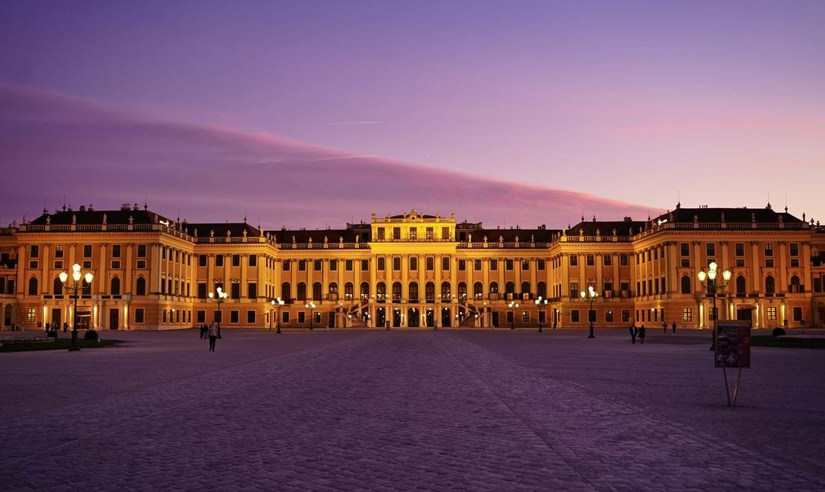 Schonbrunn Palace lit at night, Vienna, Austria