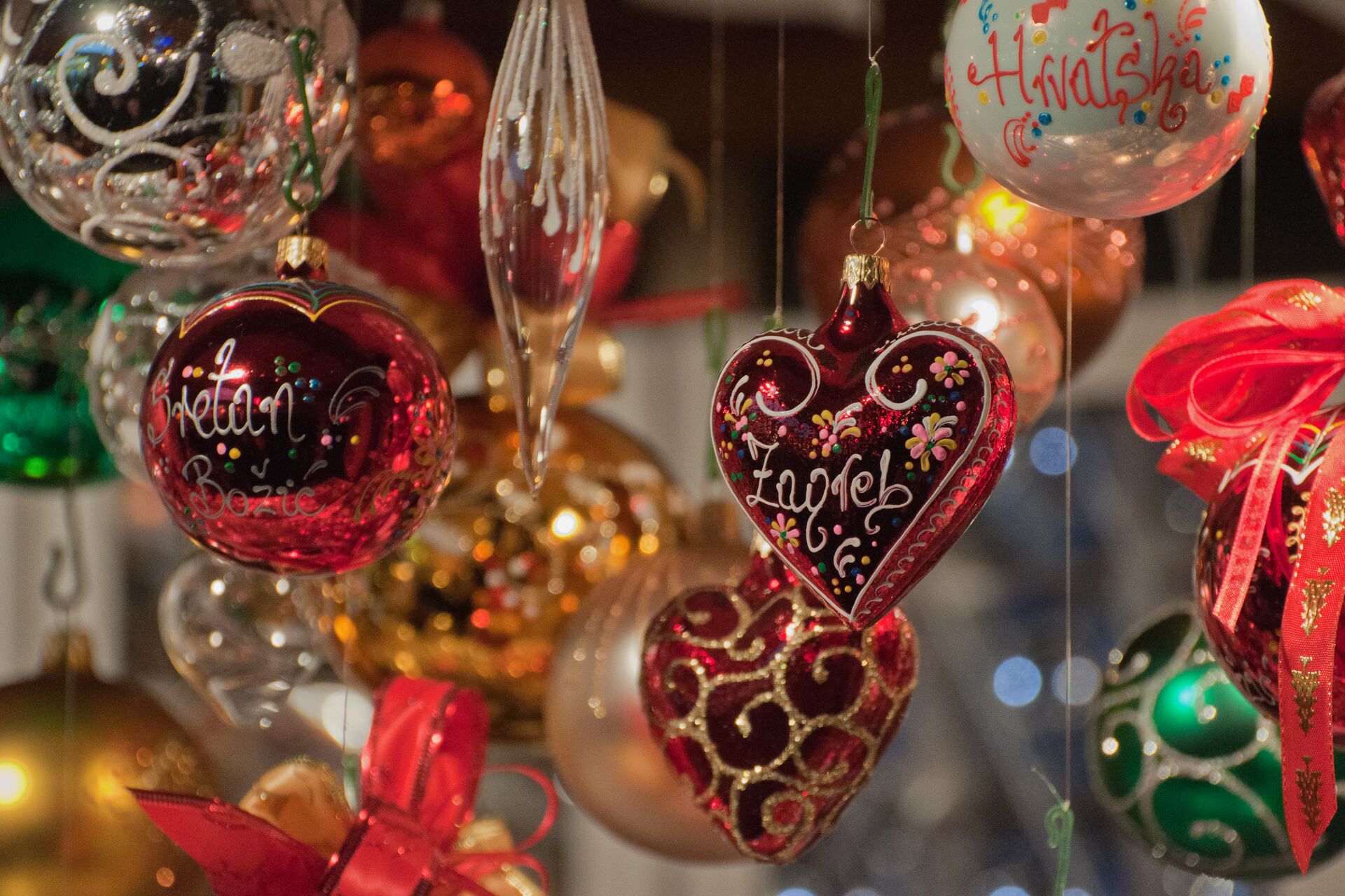 Collection of Christmas decorations dangling from above