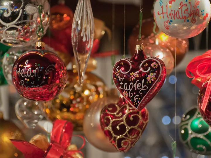 Collection of Christmas decorations dangling from above