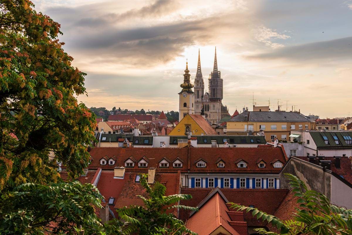 A view of the rooftops with the Cathedral of Zagreb in the backdrop, Zagreb, Croatia