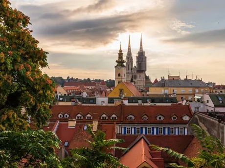 A view of the rooftops with the Cathedral of Zagreb in the backdrop, Zagreb, Croatia