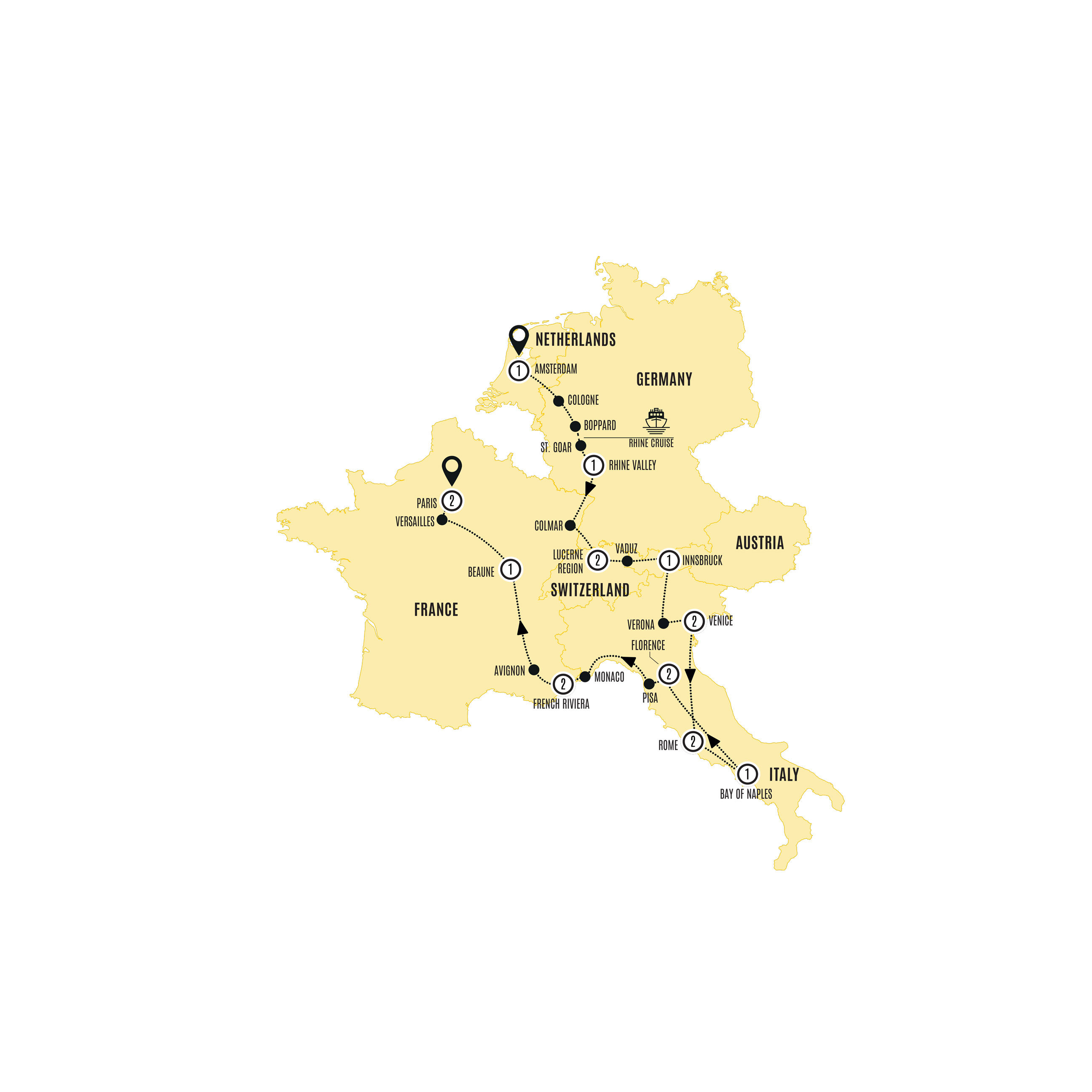 European Cavalcade Amsterdam Paris Guided Tour Map 2023