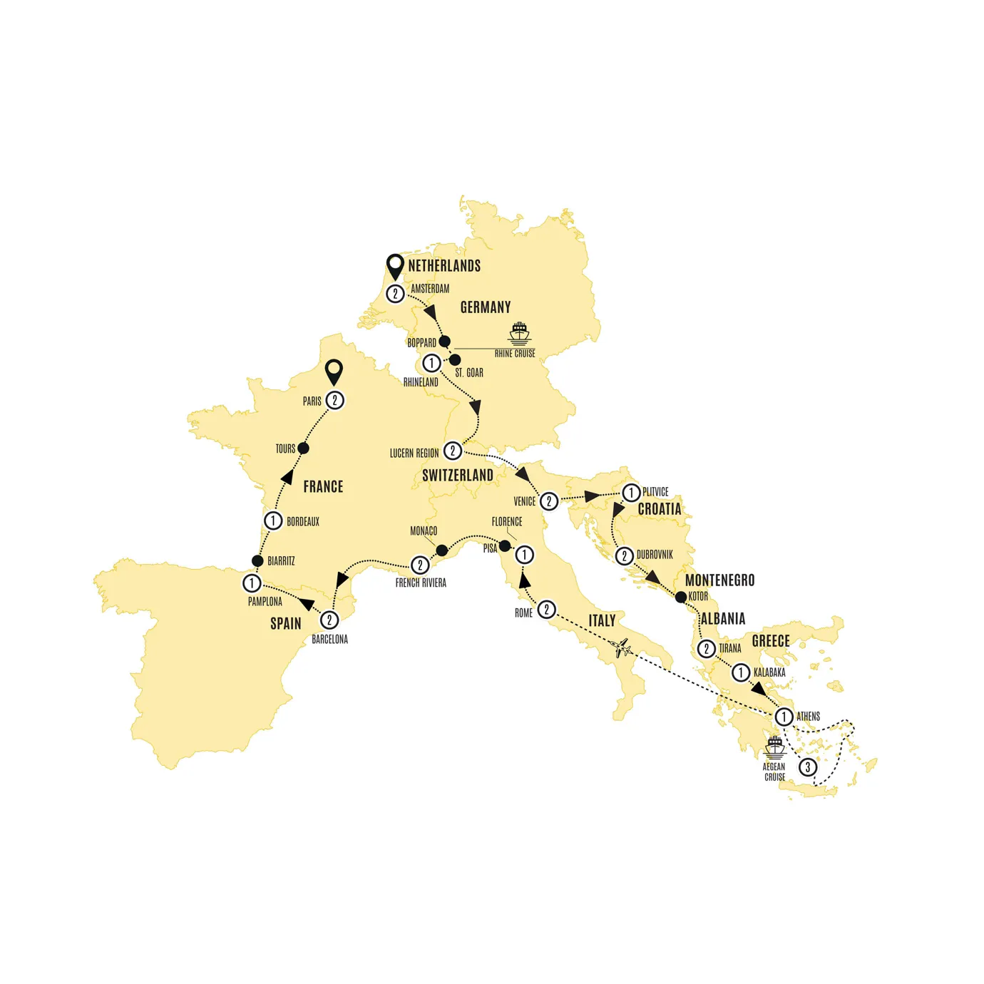 European Discoverer 3-Day Cruise Guided Tour Map 2025