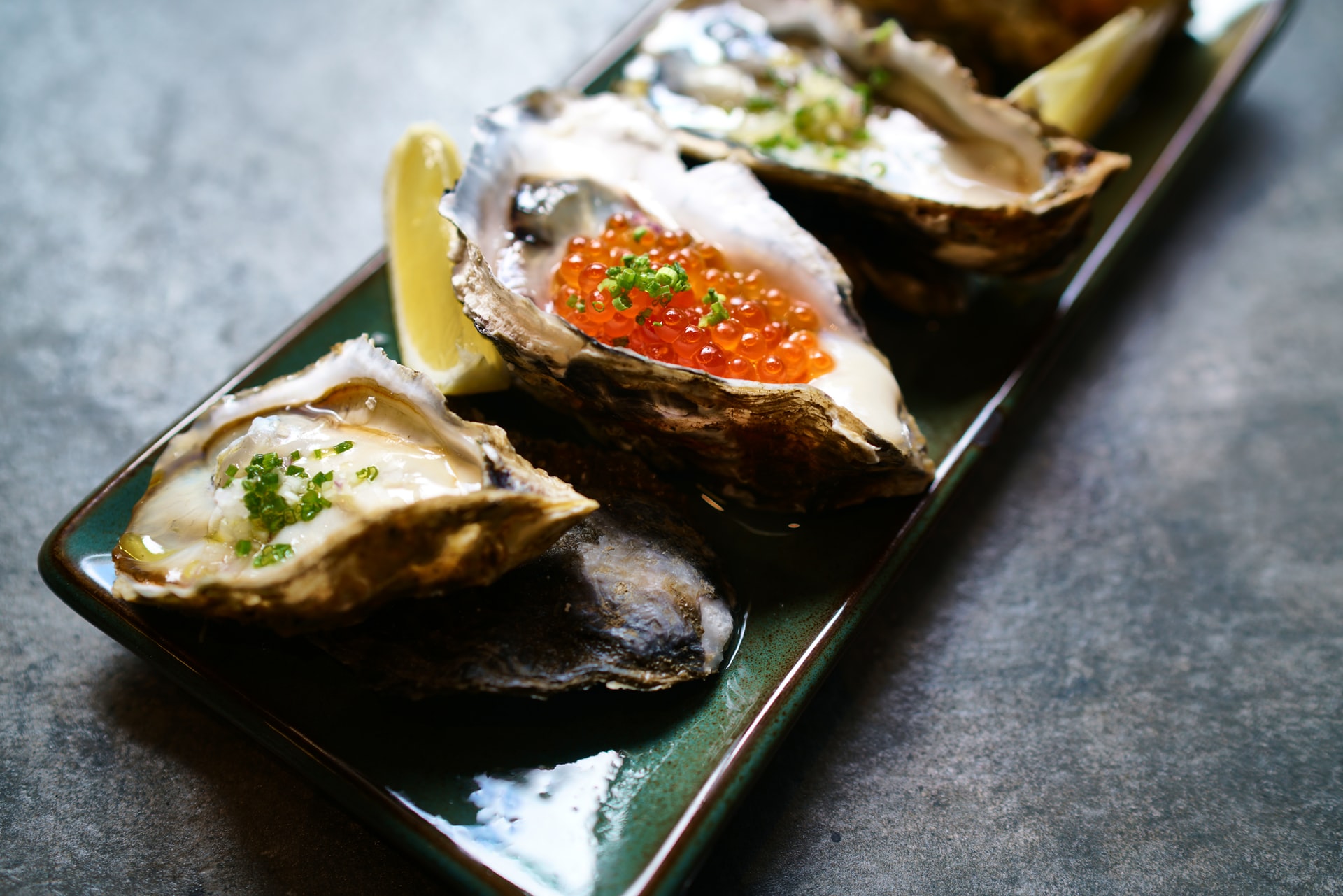 Close up shot of oysters and caviar at Grand Central Oyster Bar in New York City, USA