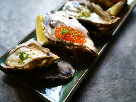 Close up shot of oysters and caviar at Grand Central Oyster Bar in New York City, USA