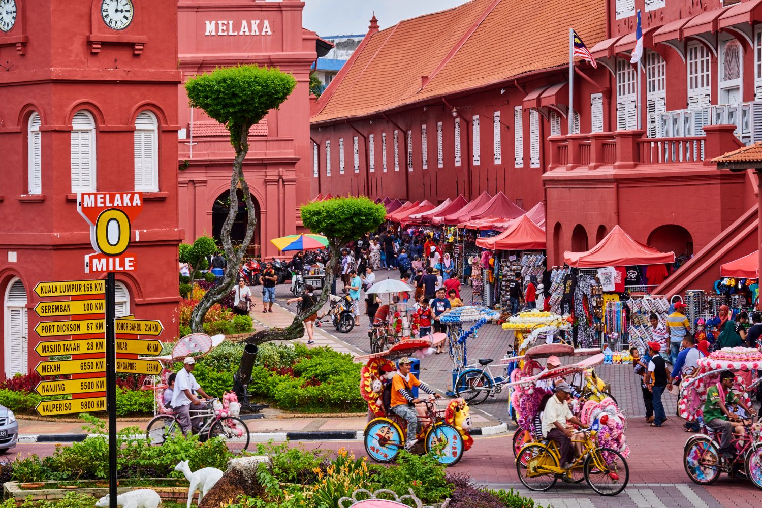 Colourful bikes in Crowded Malacca Street Malaysia