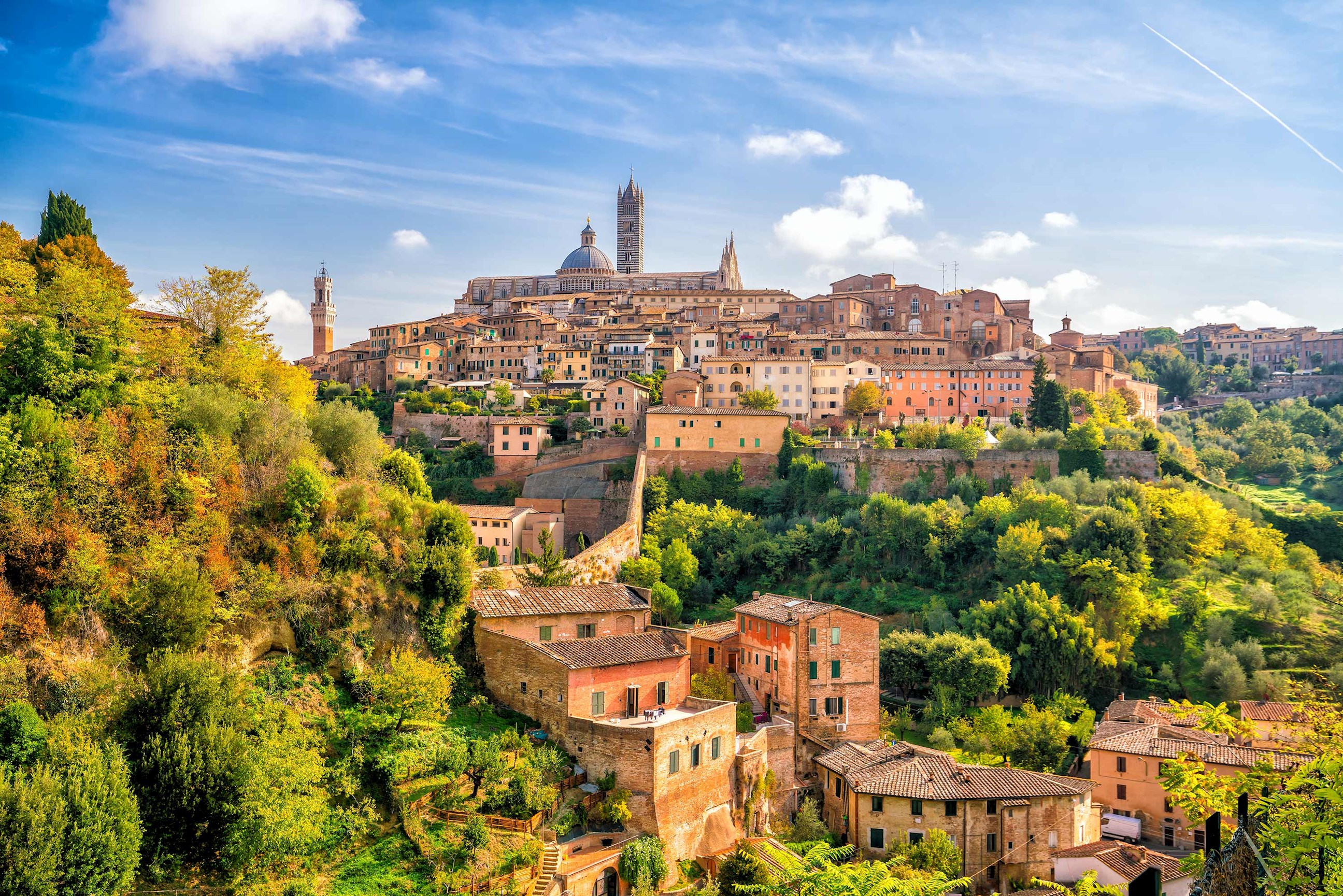 Panoramic view of Siena in Tuscany with buildings, cathedral dome and green hill