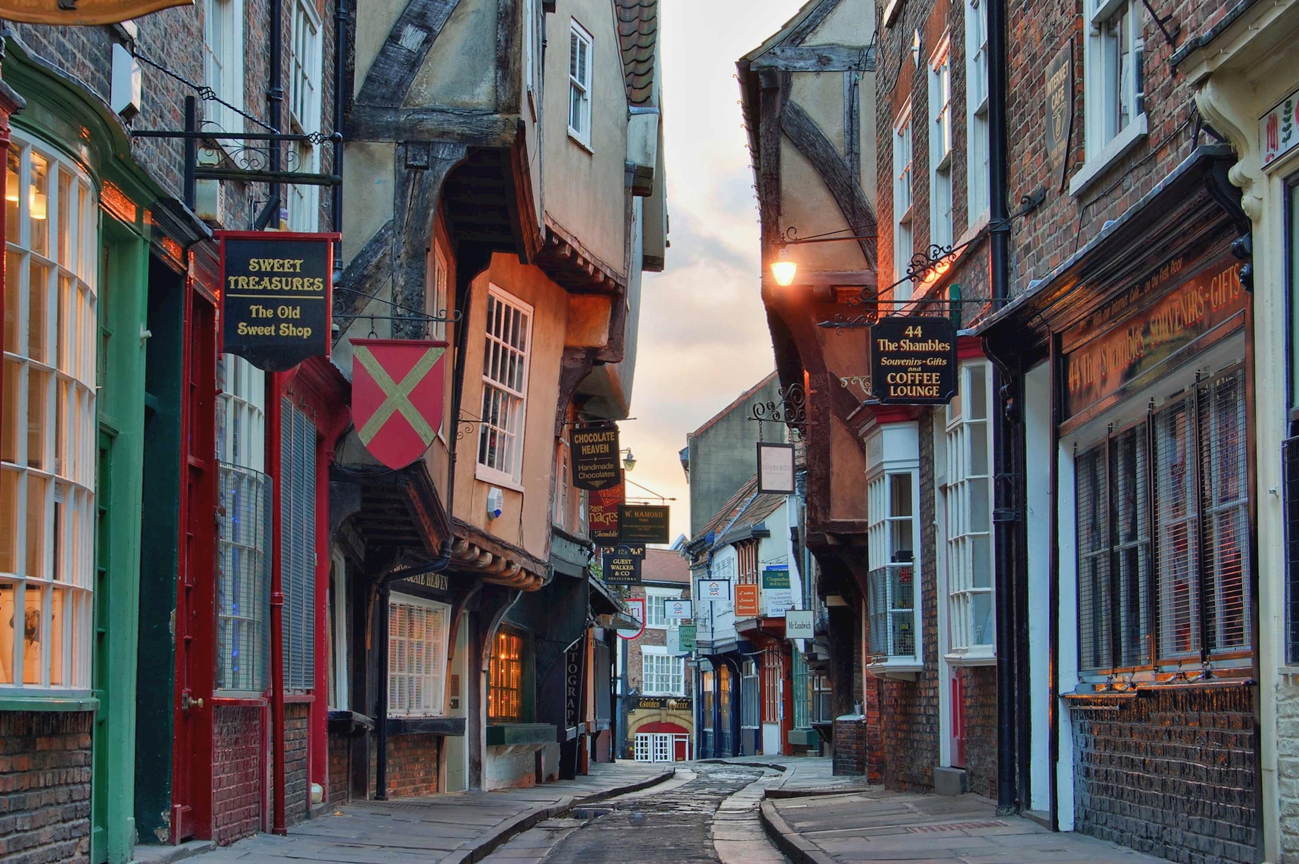 An alleyway of traditional shops in York, England